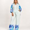Mint Brushstroke Two-Piece Set with long sleeve shirt and wide leg pants for women - TORFEO