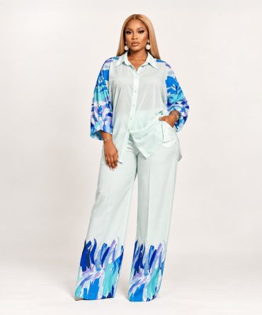 Mint Brushstroke Two-Piece Set with long sleeve shirt and wide leg pants for women - TORFEO