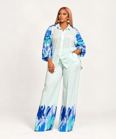 Mint Brushstroke Two-Piece Set with long sleeve shirt and wide leg pants for women - TORFEO