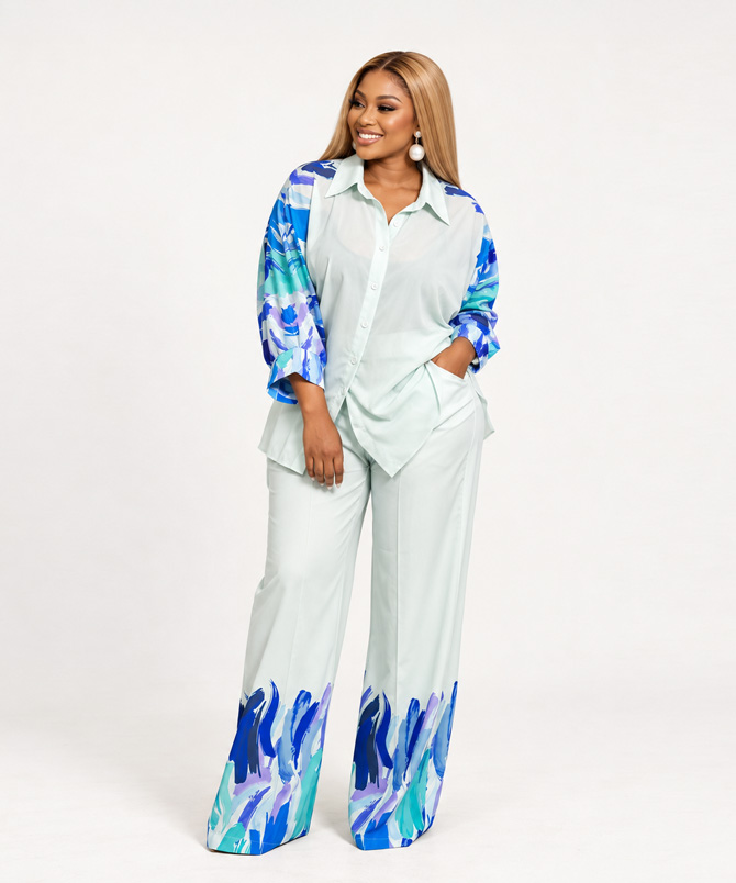 Mint Brushstroke Two-Piece Set with long sleeve shirt and wide leg pants for women - TORFEO