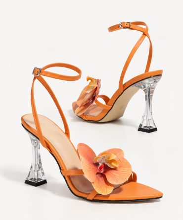 Orchid Strappy Heels for Women in Orange with Floral Detail and Clear Sculpted Heel - TORFEO