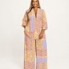 Pastel Mosaic Two-Piece Set with printed long sleeve top and wide leg pants for women - TORFEO