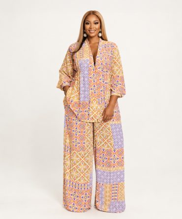 Pastel Mosaic Two-Piece Set with printed long sleeve top and wide leg pants for women - TORFEO