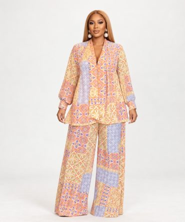 Pastel Mosaic Two-Piece Set with printed long sleeve top and wide leg pants for women - TORFEO