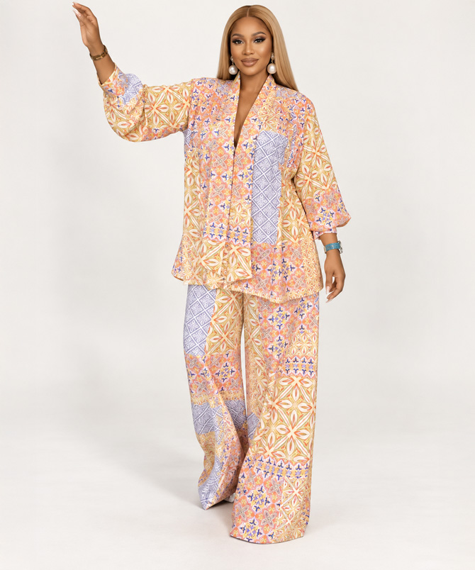 Pastel Mosaic Two-Piece Set with printed long sleeve top and wide leg pants for women - TORFEO