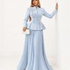 Pearl Accents Powder Blue Set with embellished top and pleated maxi skirt for women - TORFEO