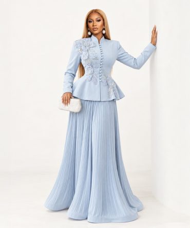 Pearl Accents Powder Blue Set with embellished top and pleated maxi skirt for women - TORFEO