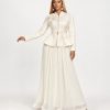 Pearl Accents Ivory Set with embellished long sleeve top and pleated maxi skirt for women - TORFEO