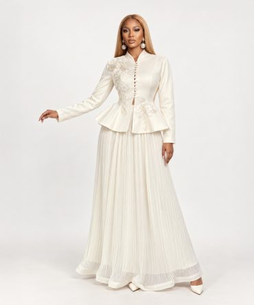 Pearl Accents Ivory Set with embellished long sleeve top and pleated maxi skirt for women - TORFEO