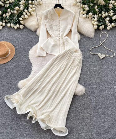 Pearl Accents Ivory Set with embellished long sleeve top and pleated maxi skirt for women - TORFEO