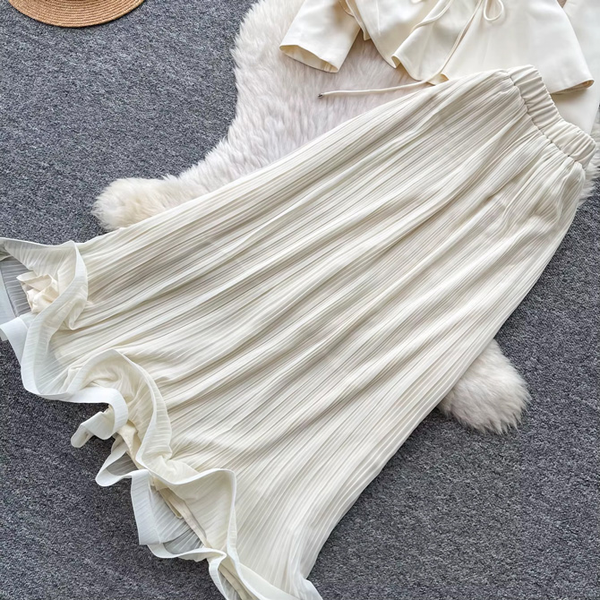 Pearl Accents Ivory Set with embellished long sleeve top and pleated maxi skirt for women - TORFEO
