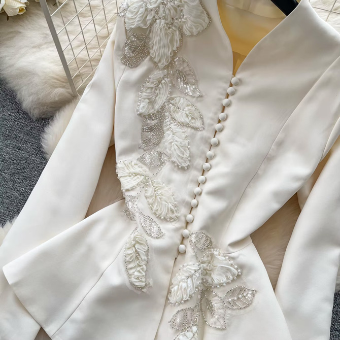 Pearl Accents Ivory Set with embellished long sleeve top and pleated maxi skirt for women - TORFEO