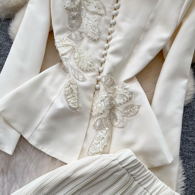 Pearl Accents Ivory Set with embellished long sleeve top and pleated maxi skirt for women - TORFEO