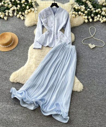 Pearl Accents Powder Blue Set with embellished top and pleated maxi skirt for women - TORFEO