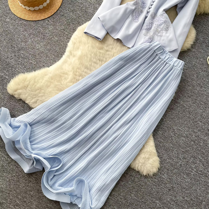 Pearl Accents Powder Blue Set with embellished top and pleated maxi skirt for women - TORFEO