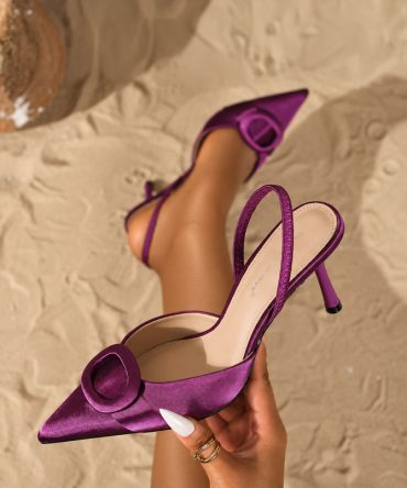 TORFEO Purple Satin Slingback Heels with Pointed Toe and Buckle