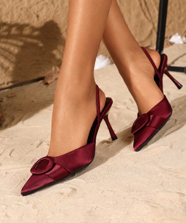 TORFEO Burgundy Satin Slingback Heels with Pointed Toe and Buckle