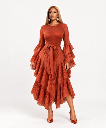 Dusty orange tiered shimmer dress with pleated layers, long sleeves and matching fabric tie belt - TORFEO