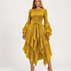 Gold tiered shimmer dress with pleated layers, long sleeves and matching fabric tie belt - TORFEO