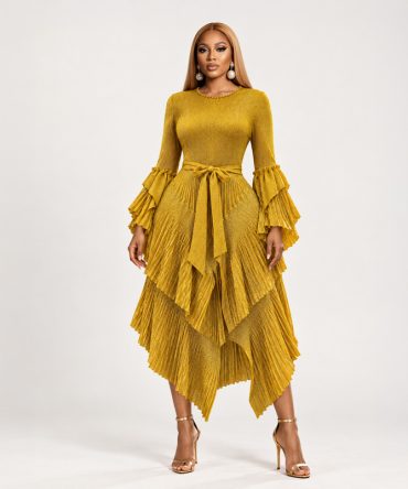 Gold tiered shimmer dress with pleated layers, long sleeves and matching fabric tie belt - TORFEO