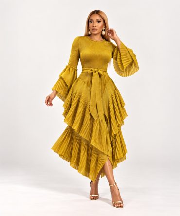 Gold tiered shimmer dress with pleated layers, long sleeves and matching fabric tie belt - TORFEO