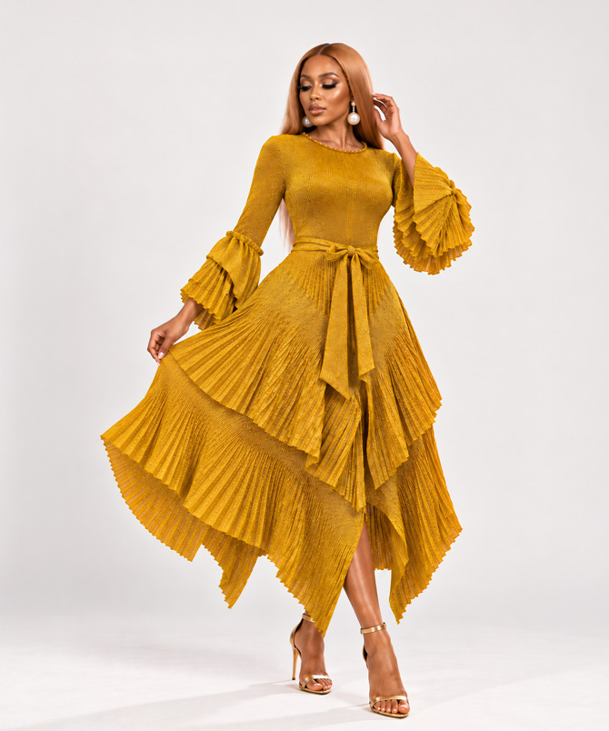 Gold tiered shimmer dress with pleated layers, long sleeves and matching fabric tie belt - TORFEO