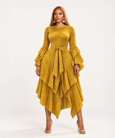 Gold tiered shimmer dress with pleated layers, long sleeves and matching fabric tie belt - TORFEO