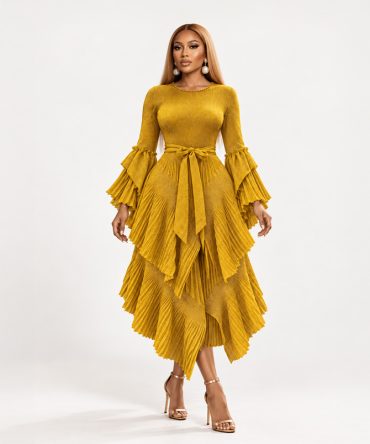 Gold tiered shimmer dress with pleated layers, long sleeves and matching fabric tie belt - TORFEO