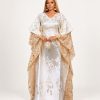 Ivory Botanical Lace Bubu Gown with floral lace sleeves and hidden adjustable waist belt - TORFEO