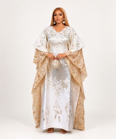 Ivory Botanical Lace Bubu Gown with floral lace sleeves and hidden adjustable waist belt - TORFEO