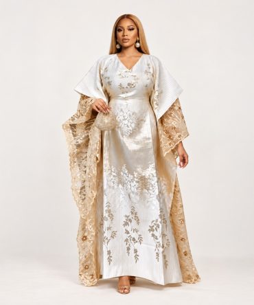Ivory Botanical Lace Bubu Gown with floral lace sleeves and hidden adjustable waist belt - TORFEO