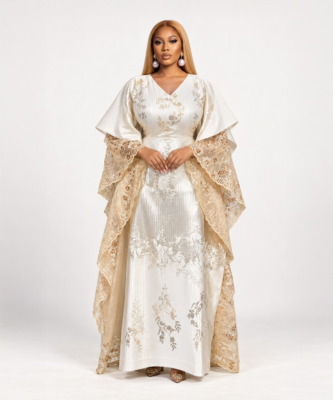 Ivory Botanical Lace Bubu Gown with floral lace sleeves and hidden adjustable waist belt - TORFEO