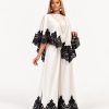 Off-white cape top and floor-length wide-leg trousers two-piece set with black lace trim and side slits - TORFEO