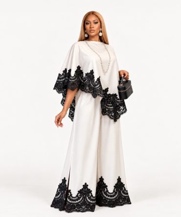 Off-white cape top and floor-length wide-leg trousers two-piece set with black lace trim and side slits - TORFEO