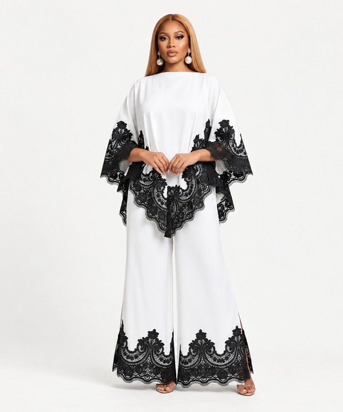 Off-white cape top and floor-length wide-leg trousers two-piece set with black lace trim and side slits - TORFEO