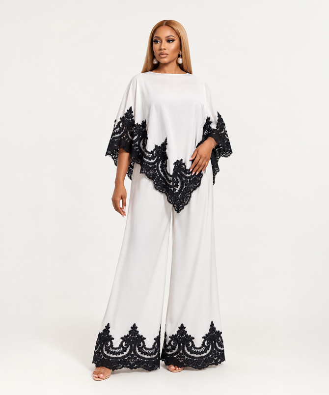 Off-white cape top and floor-length wide-leg trousers two-piece set with black lace trim and side slits - TORFEO