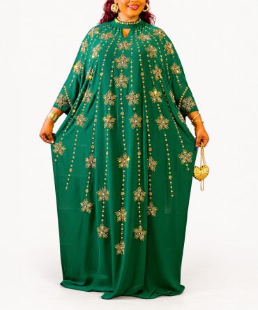 Emerald green and gold embellished Boubou two-piece dress set with gold starburst details and matching inner dress - TORFEO