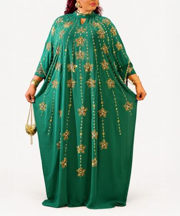 Emerald green and gold embellished Boubou two-piece dress set with gold starburst details and matching inner dress - TORFEO