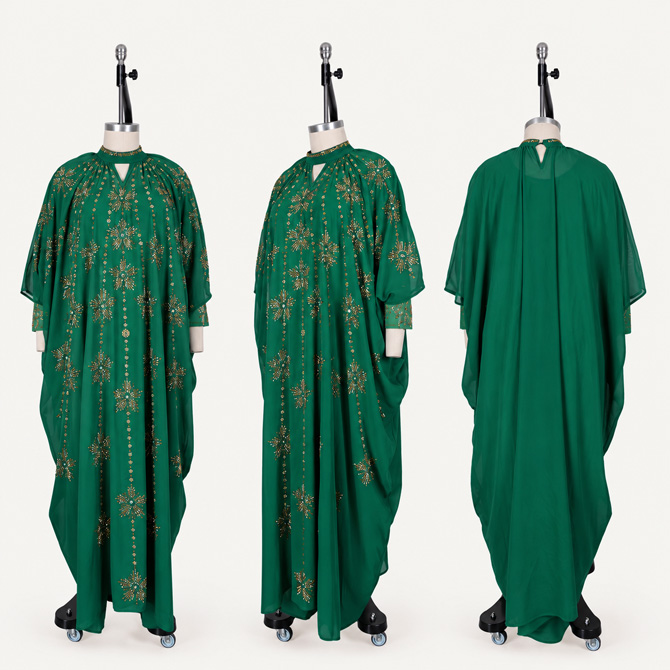 Emerald green and gold embellished Boubou two-piece dress set with gold starburst details and matching inner dress - TORFEO